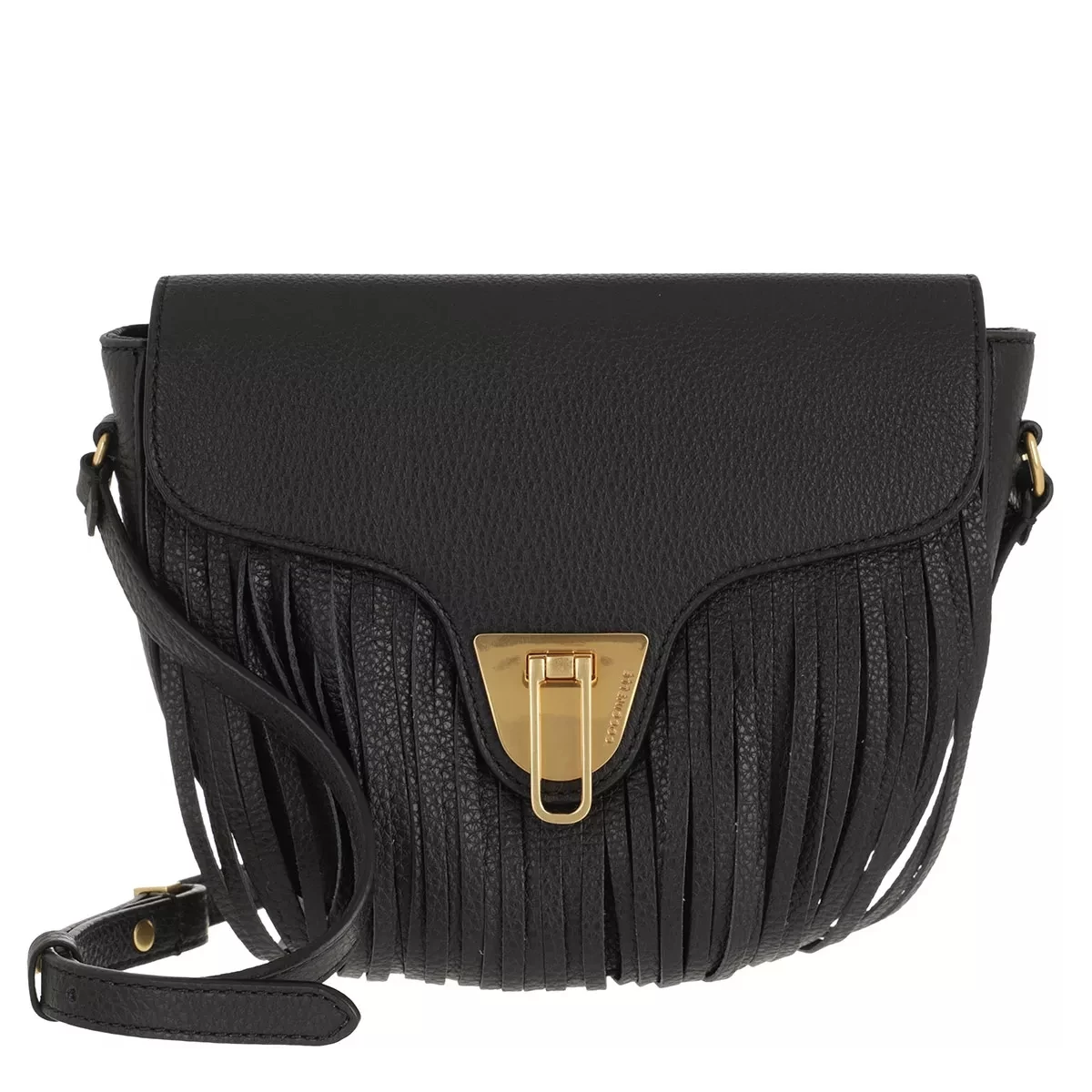 Coccinelle Beat Frange Handbag Grainy Leather Noir Saddle Bag