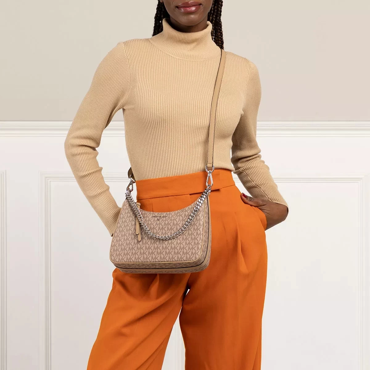 MICHAEL Michael Kors Jet Set Charm Medium Convetible Pouchette Xbody Camel Hobo Bag – Bild 2