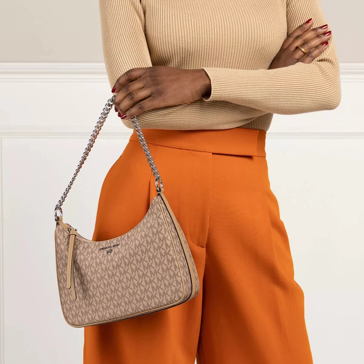 MICHAEL Michael Kors Jet Set Charm Medium Convetible Pouchette Xbody Camel Hobo Bag – Bild 3